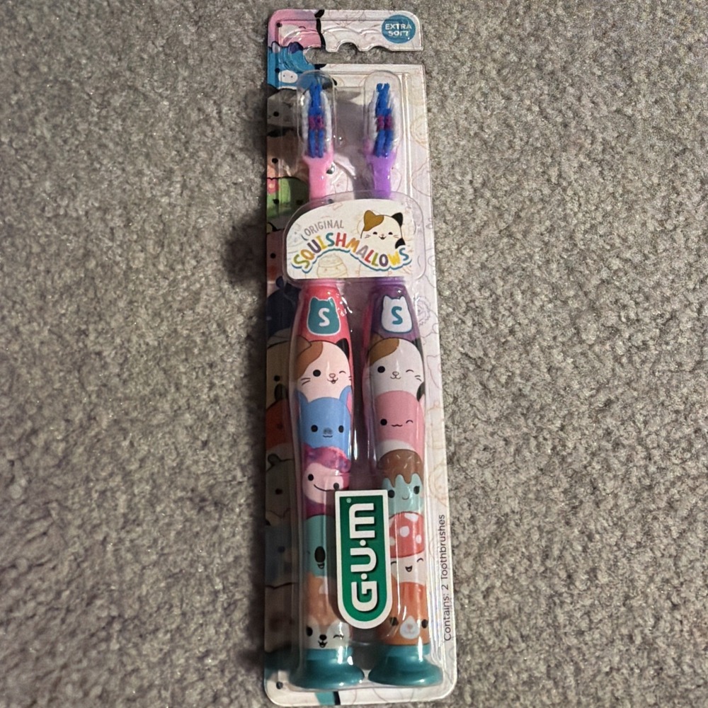 GUM Squishmallows Kids Toothbrushes 2 Pack Extra Soft Nylon Bristles pink/purple